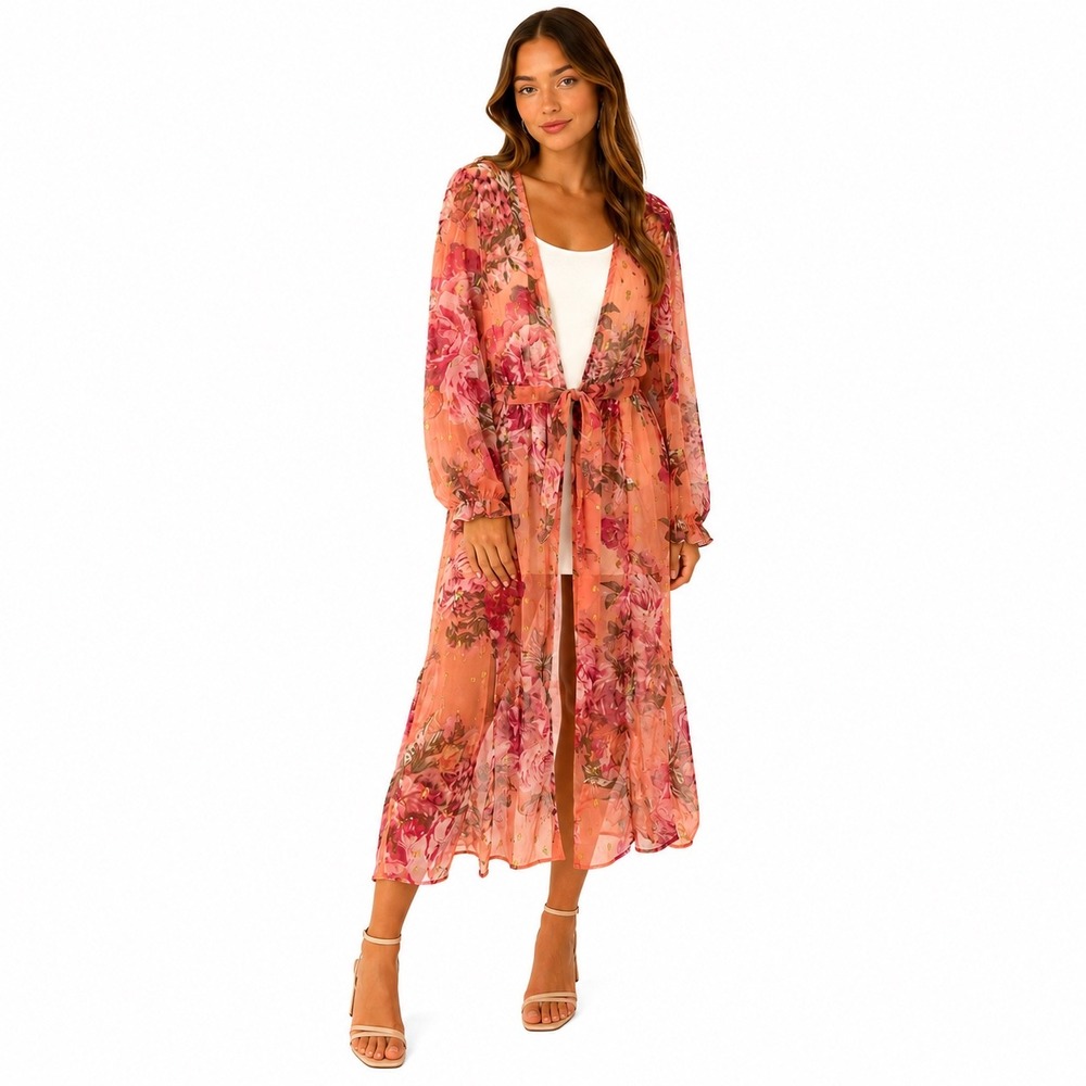 Express Sheer Floral Metallic Maxi Duster Kimono Pink Gold‎ Cover-Up Size Medium